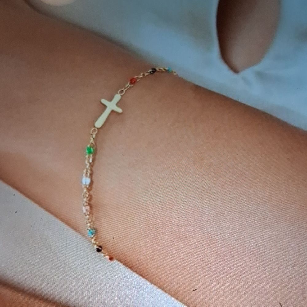 18k GP Bead Cross Bracelet With Box And Card New